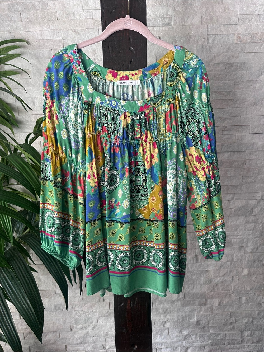 Figureoa & Flower Boho Multicolor Printed Peasant Blouse Size L